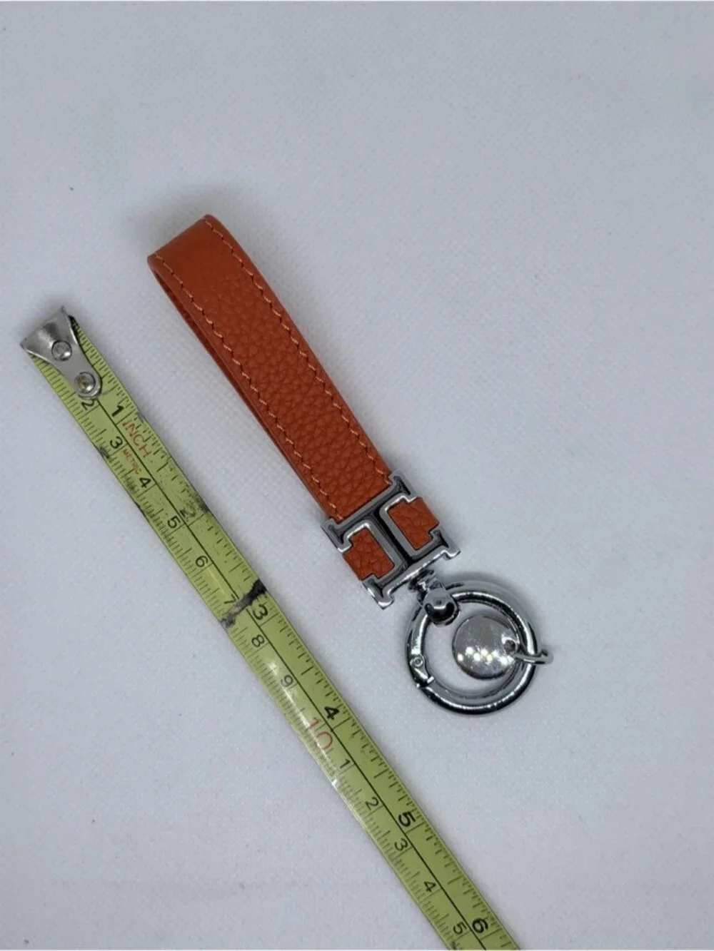 Orange Leather H Design Key Fob Bag Charm Silver Hardware 0896